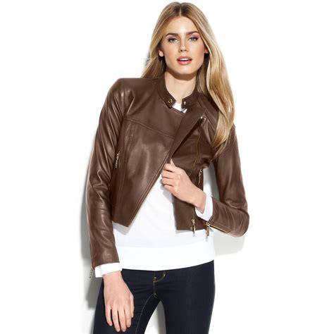 michael michael kors cropped leather jacket|michael kors leather motorcycle jacket.